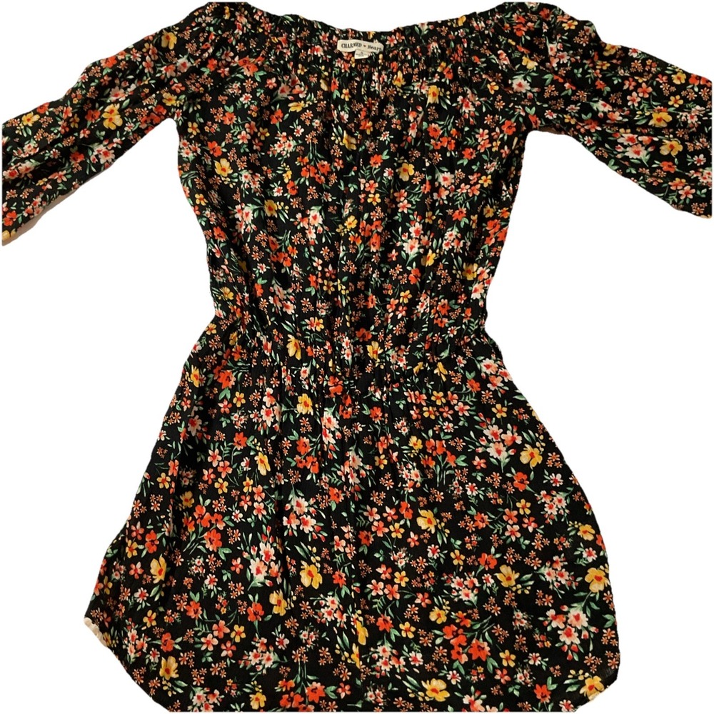 Charmed Hearts 100%‎ Rayon Black Floral w/Tie Belt Romper Sz Small Made USA J50